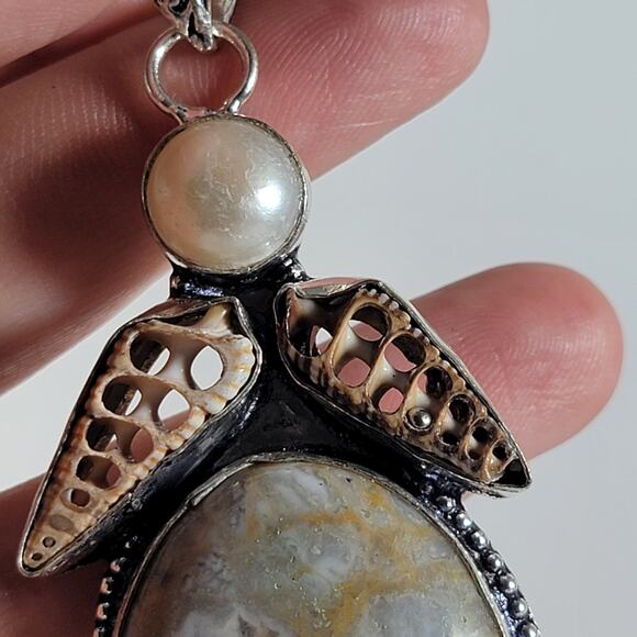 Handmade Silver Pendant – Fossil Coral & Pearl + 20" Sterling Silver Snake Chain - Picture 10 of 10